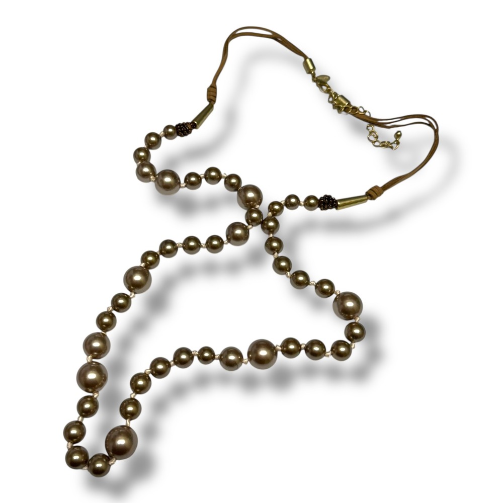 Chico's Long Beaded Necklace Gold Tone Graduated Beads Adjustable 18" Drop Boho